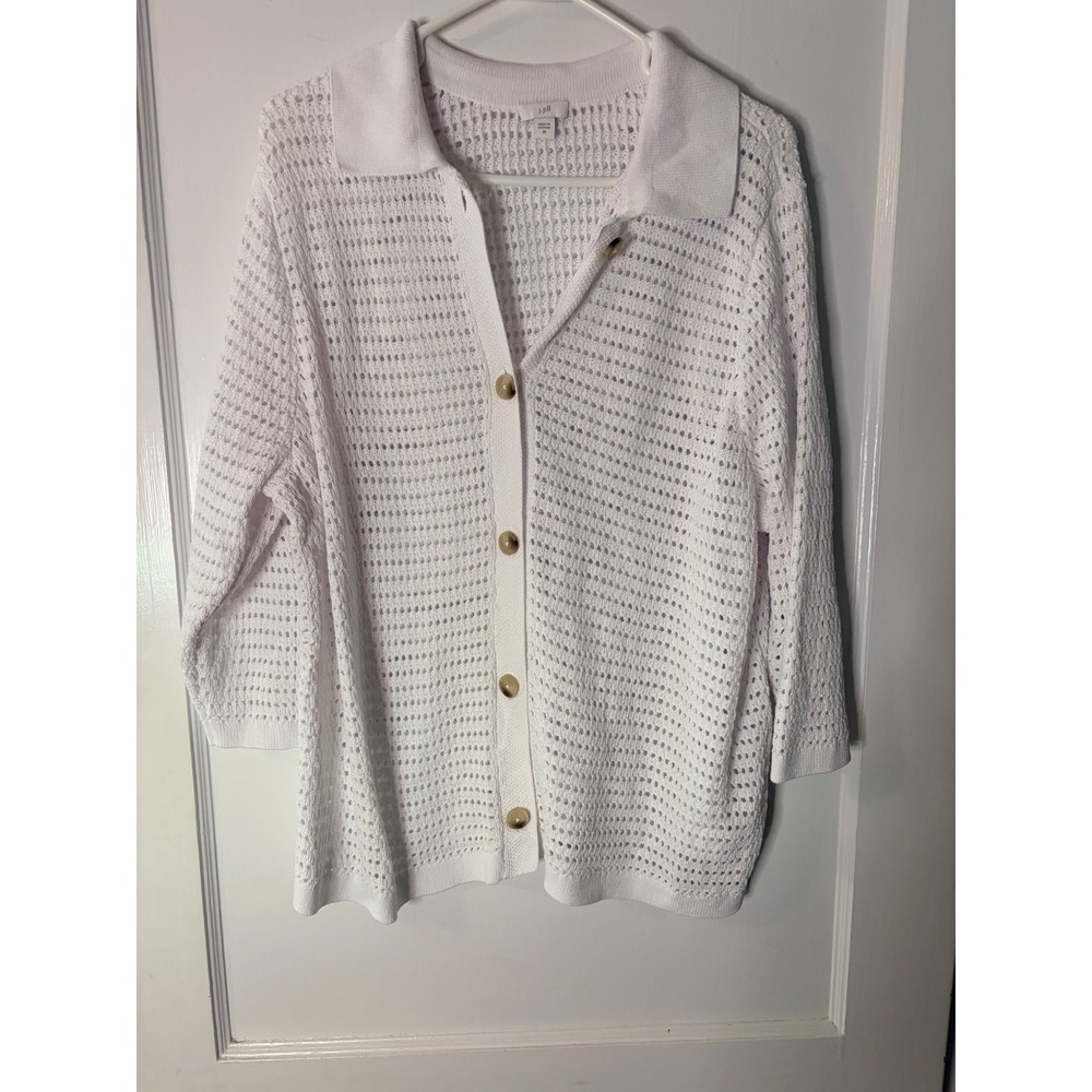 J. Jill Womens White Open Knit Button Front Cardigan Polo Collar Sweater 2X